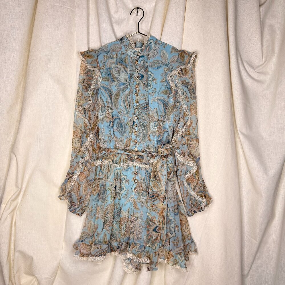 Zimmermann Women's Blue Ladybeetle Ruffled Paisley-print Silk Playsuit Sz US 4
